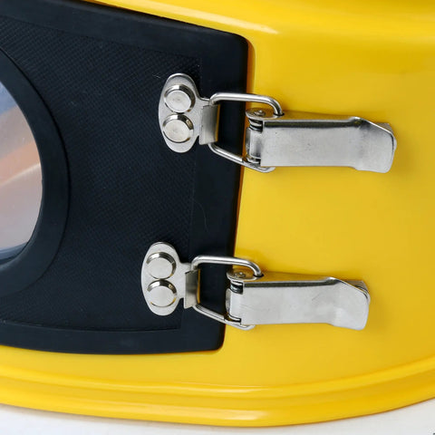 Metal latches on bright yellow Beast Mode Sandblast Helmet With Air Supplied Hood And Shoulder Cloak, close-up view.