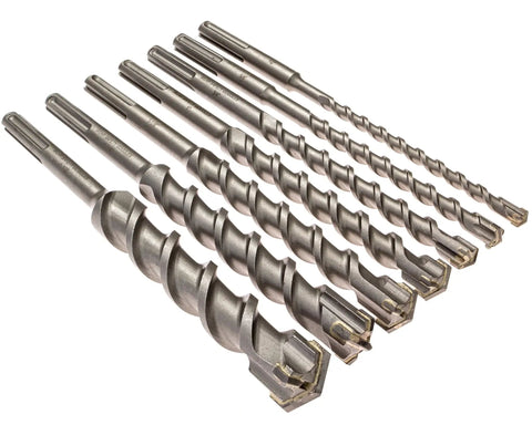 7 Piece Carbide Tipped Masonry Drill Bit Set For SDS Max Rotary Hammers Heavy Duty Concrete Brick Tile Bits With Long Reach 13 Inch Total Length Four High Grade Carbide Cutting Points For Fast Clean Holes displayed in line on white background.