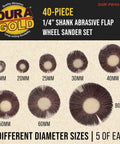 Beefy 40 Piece Flap Wheel Sander Kit With One Quarter Inch Shank, 80 Grit Aluminum Oxide Wheels, eight size options displayed