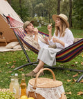 Double Hammock With Heavy Duty Steel Stand Portable Easy Assembly 600Lb Weight Capacity Adjustable Hooks Cotton Comfort