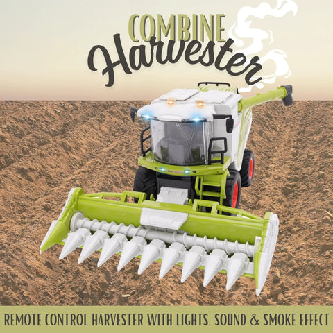 Remote Control Farm Harvester With Lights Sounds And Smoke Effects 1 to 24 Scale Battery Powered RC Combine on field