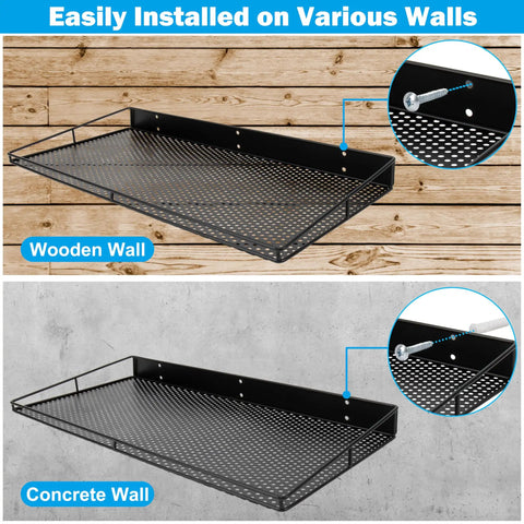 Beefy Heavy Duty Wall Shelves 2 Pack, Large Wall Mounted Garage Shelves 23.5 By 12 Inches, Waterproof Steel Rack installed on wood and concrete walls
