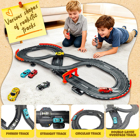 Children playing with Rad Slot Car Race Track Set With Four High Speed Cars Dual Control System Hand Cranked And Electric