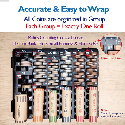 Coin Sort Tray With Lid For All US Coins Accurate Counter And Dispenser Easy Change Sorter And Coin Organizer with coin rolls.