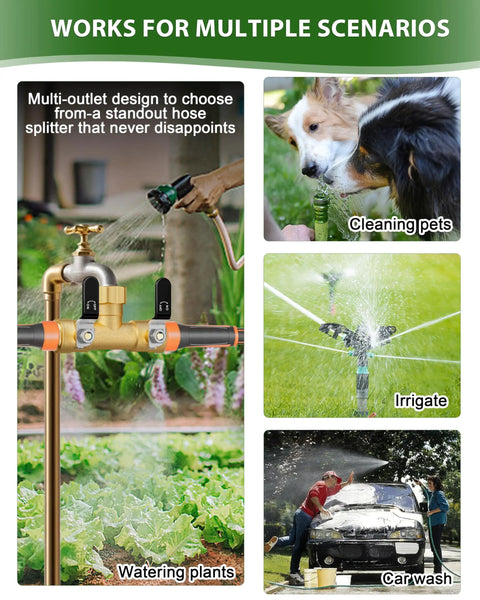 Rugged Brass Hose Splitter 2 Way With Full Flow 0.59 Inch Ball Valve And Shut Off, Three Quarter Inch Fittings, Heavy Duty Outdoor Garden Water Faucet Adapter For High Pressure, Two Independent Outlets, Easy Setup, No Leaks in use for watering plants, pets, irrigation, and car wash