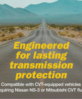 Mannol NS-3 CVT transmission fluid banner; desert highway backdrop with large yellow text promoting transmission protection.