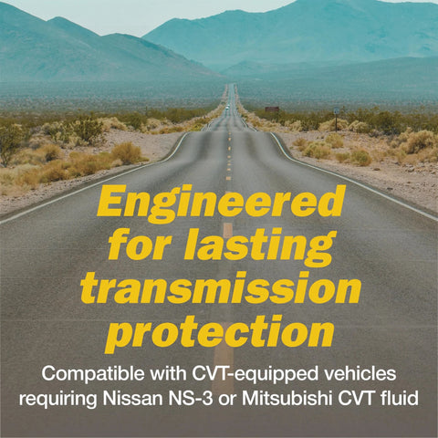 Mannol NS-3 CVT transmission fluid banner; desert highway backdrop with large yellow text promoting transmission protection.
