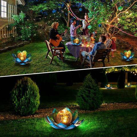 Evening garden scene with Two Pack Outdoor Solar Light Lotus Glass Globe Crackle Decoration With Waterproof LED Warm White Glow.