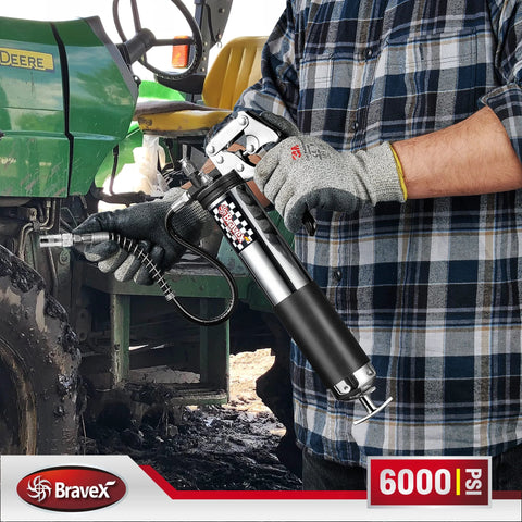 Bravex heavy-duty pistol-grip grease gun with 18-inch flex hose, 6000 PSI