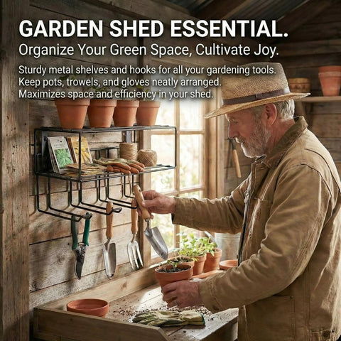 A man organizing gardening tools on a wall-mounted shelf in a garden shed.