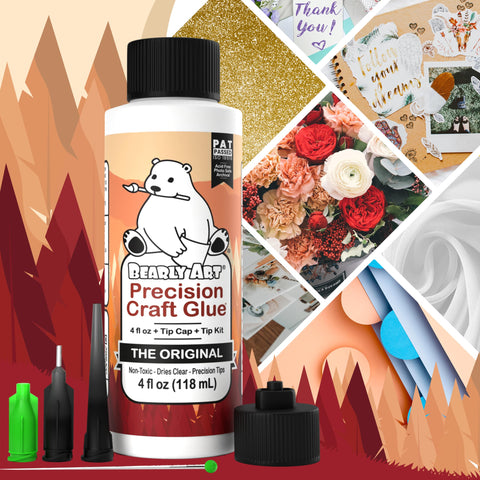Pro Grade Precision Craft Glue With Tip Kit Included Dries Clear Metal Tip Wrinkle Resistant displayed with arts and crafts