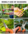 Four images showing Three Pack Stainless Steel Garden Shears Pruning Set With Heavy Duty Bypass Serrated And Straight Blades in use for pruning