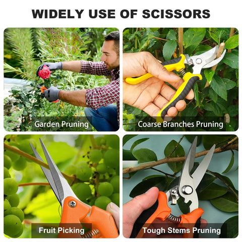 Four images showing Three Pack Stainless Steel Garden Shears Pruning Set With Heavy Duty Bypass Serrated And Straight Blades in use for pruning