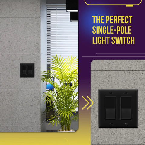 Slick Gloss Finish Decorator Paddle Rocker Light Switch for Easy Install mounted on wall, black, pack of 10