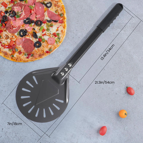 Angled top-down view of Leightszen aluminum perforated pizza turning peel with black handle; 54 cm length.