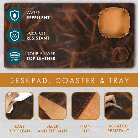 Premium Full Grain Leather Desk Pad 2mm Thick Desk Mat And Blotter For Keyboard And Gamer Mouse Large Desk Protector, brown set