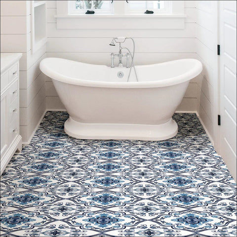 Marrakesh Inspired Peel And Stick Floor Tiles In Blue Floral Vinyl Water Resistant Washable 12 By 12 Inches Pack Of 10 Easy Install