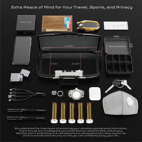 Portable Security Lockbox With Steel Cable And 7 Layer Protection 4 Digit Combination Lock with accessories layout