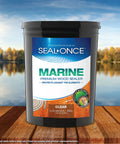 Heavy Duty Marine Wood Sealer And Clear Exterior Stain For Decks And Boat Docks Built Tough Against Saltwater Straight Up UV Resistant Five Gallon Bucket on wooden surface.