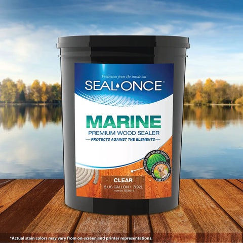 Heavy Duty Marine Wood Sealer And Clear Exterior Stain For Decks And Boat Docks Built Tough Against Saltwater Straight Up UV Resistant Five Gallon Bucket on wooden surface.