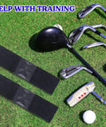 Two Pack Elastic Golf Swing Trainer Band For Beginners on grass with golf clubs and balls, black band 33 cm x 8 cm size