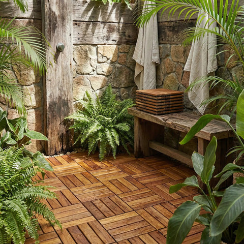 Teak Wood Interlocking Floor Tiles EZ Floor 12x12 Inch Pack Of 10 Solid Brown Indoor Outdoor DIY Installation