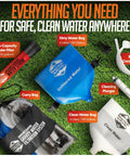 High Capacity Portable Water Filtration System with two lightweight hanging bags, filter, and cleaning plunger on grass.