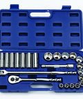 Open case of Half Inch Drive Socket Set 23Piece with SUPERTORQUE Lobular Sockets, chrome vanadium steel tools displayed neatly.