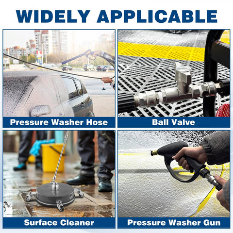 TasuoX 12‑pc stainless 3/8 in NPT pressure washer adapter set; hose, ball valve, surface cleaner, spray gun.