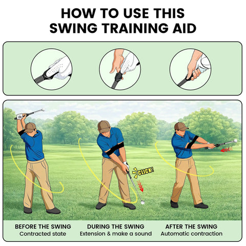 Diagram showing Retractable Golf Swing Trainer With Arm Band, Instant Click Feedback For Precision, Right Handed Practice Aid use