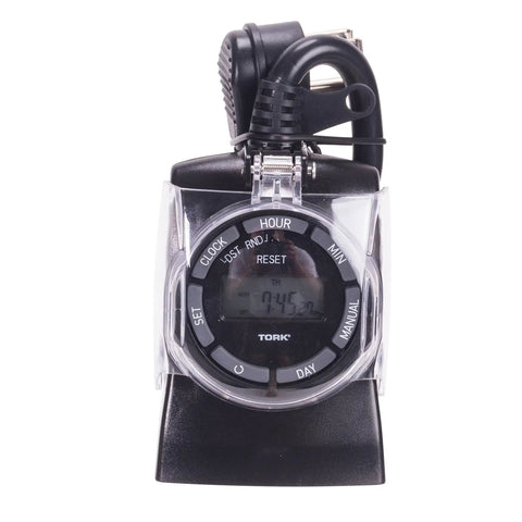 Heavy Duty Outdoor Digital Plug And Play Timer With 15 Amp Capacity and Slick 24 Hour Seven Day Programmable Schedule for Yard Sprinkler and Landscape Lighting Controllers, front view showing display and buttons.