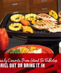 Indoor Outdoor Electric Grill With Nonstick Griddle Plate And Fat Reduction Drip Tray Twelve Plus Servings On A 200 Square Inch Surface Portable Apartment Friendly Barbecue For Easy Weekend Grilling with grilled chicken and peppers