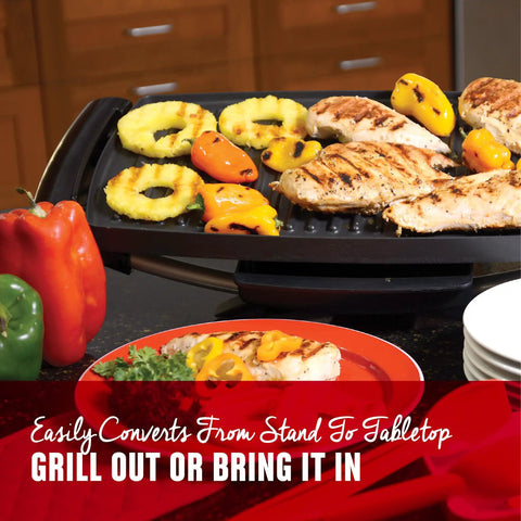 Indoor Outdoor Electric Grill With Nonstick Griddle Plate And Fat Reduction Drip Tray Twelve Plus Servings On A 200 Square Inch Surface Portable Apartment Friendly Barbecue For Easy Weekend Grilling with grilled chicken and peppers
