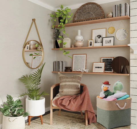 Room with decor items and plants, featuring Large Cube Storage Baskets for clothes toys towels books collapsible canvas bins with cotton handles.