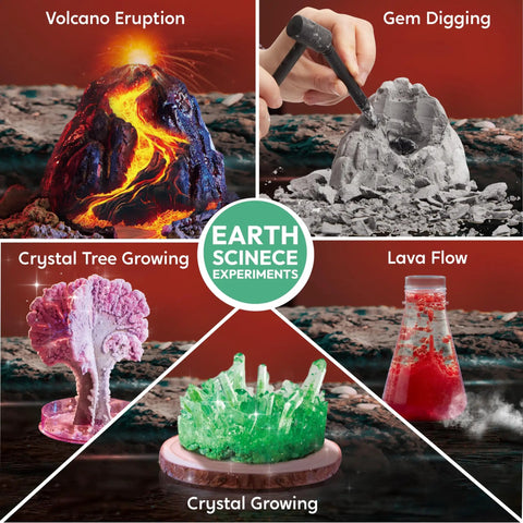 Ultimate Science Kit With 85 Plus Experiments For Kids Aged 6 7 8 Featuring Volcano Eruption Crystal Growing Chemistry And Earth Science Totally Hands On Activities For Curious Learners with images of volcano, crystals, and digging tools.