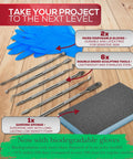 Superfine White Epoxy Putty Kit For Quick DIY Fixes No Fuss with gloves, sculpting tools, sanding pad on wooden background