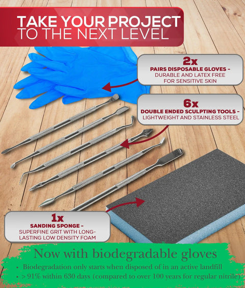 Superfine White Epoxy Putty Kit For Quick DIY Fixes No Fuss with gloves, sculpting tools, sanding pad on wooden background