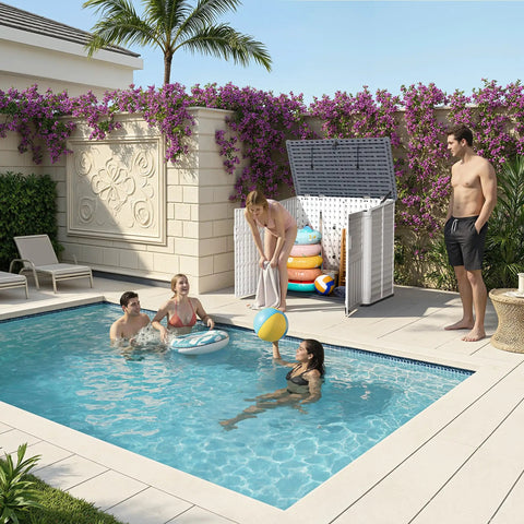 Backyard Resin Storage Shed 34 Cu Ft Waterproof Cabinet with Double Locks beside a pool with people enjoying the setting.