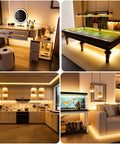 Scenes of rooms illuminated with COB LED Strip Light 12V 18ft 5.5m Ultra Bright Warm White 3000K 2772 LEDs for ambiance.