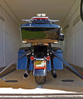 Motorcycle secured with Heavy Duty 6 Foot Retractable Ratchet Tie Down Straps 2 Pack With 3000 Lb Break Strength And 1000 Lb Working Load Limit