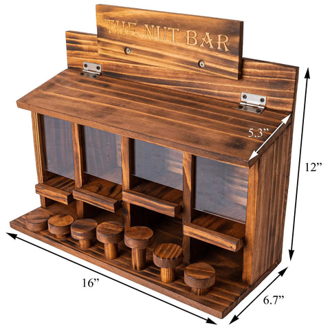 Wooden Squirrel Picnic Table Feeder With Four Seed Compartments And Seven Tier Bar Stools, Durable Burnt Wood Finish