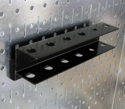 4-Foot Metal Pegboard Tool Organizer Kit With Galvanized Toolboard And Black Accessories, close-up of mounted slotted shelf.