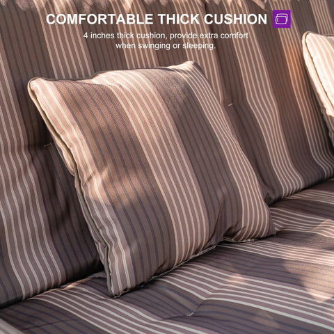 Close-up of cushions on 3 Person Outdoor Patio Porch Swing Gazebo with Netting and Curtains, adjustable daybed, sturdy steel frame.