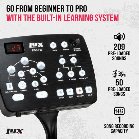 Close-up of Pro 7 Piece Electronic Drum Kit With Mesh Pads control module displaying 209 sounds and 50 play along tracks.