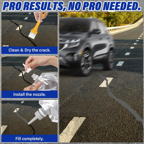No Sweat Concrete Crack Filler Set Self Leveling Flexible Sealant For Driveways And Foundations 50 Oz kit showing cleaning and filling cracks.