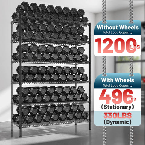 Heavy Duty Six Tier Rolling Storage Shelves With Industrial Swivel Wheels For Garage Organization And Vertical Shelving Setup with weights.