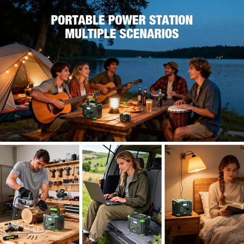 Portable On The Go Solar Generator Power Station with 288.6Wh capacity used in camping, woodworking, car, and home settings