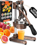 Heavy Duty Cast Iron Citrus Juicer Press Squeezes Every Last Drop Of Fresh Juice With Detachable Strainers on counter with oranges.
