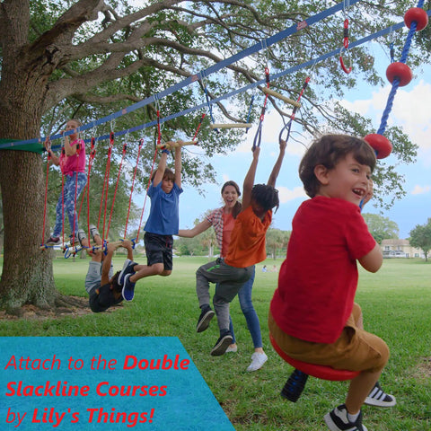 Children playing on 2 Pack Monkey Bars For Backyard Playset With Ninja Slackline Attachments For Slackline Obstacle Course.