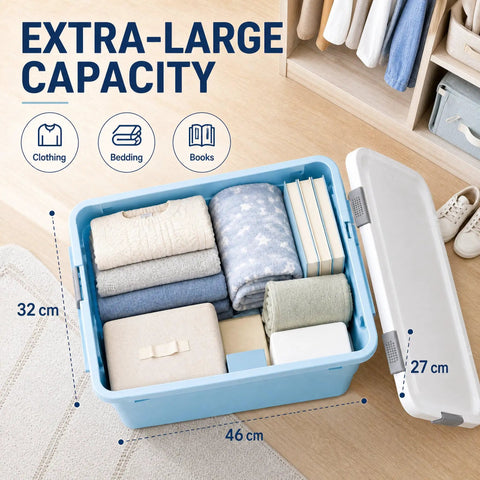 Hassle Free Stackable Storage Bins With Slick Rolling Wheels And Secure Tight Fitting Lids tailored for clothing and bedding organization.